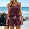 Women Summer Casual Two Piece Set Sleeveless Striped Print Tank Top Square Neck Sportswear with Pockets Shorts Lounge Outfit