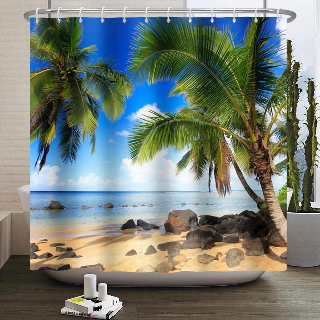 Beach Vacation Shower Curtain Tropical Palm Trees Ocean Waves Starfish Sandy Shore Pattern Waterproof Polyester Bathroom Decor