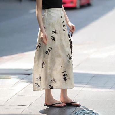 Women's Summer High-Waist Chinese Style Floral Print Midi Skirt - Flowy Drapey Long Skirt with Elegant Aesthetic