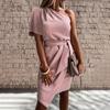Women Casual Solid Color One-Shoulder Sleeveless Tie Dress Short Skirt