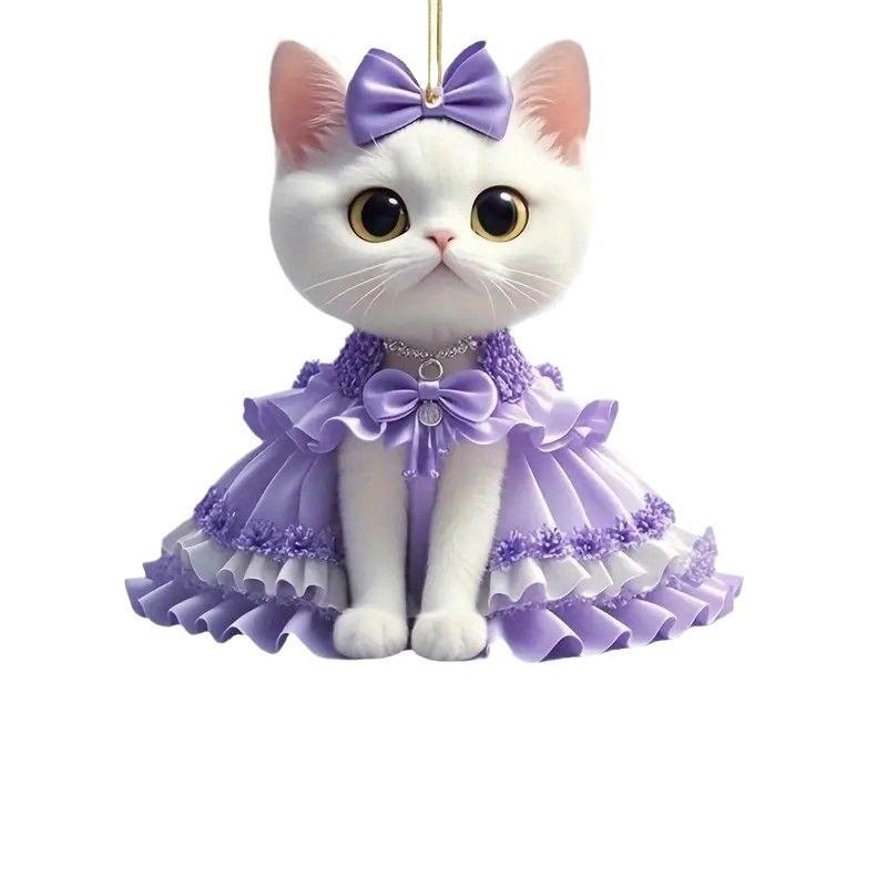 Cat Cute Purple Dress Pattern Acrylic Pendant For Car Accessories Decoration