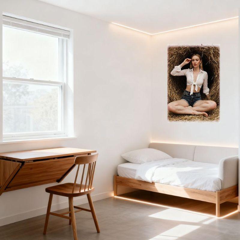 Sexy Blonde Woman Crop Top Denim Shorts Rustic Hay Bale Countryside Scene Tin Sign Vintage Metal Poster for Bar Pub Home Wall De