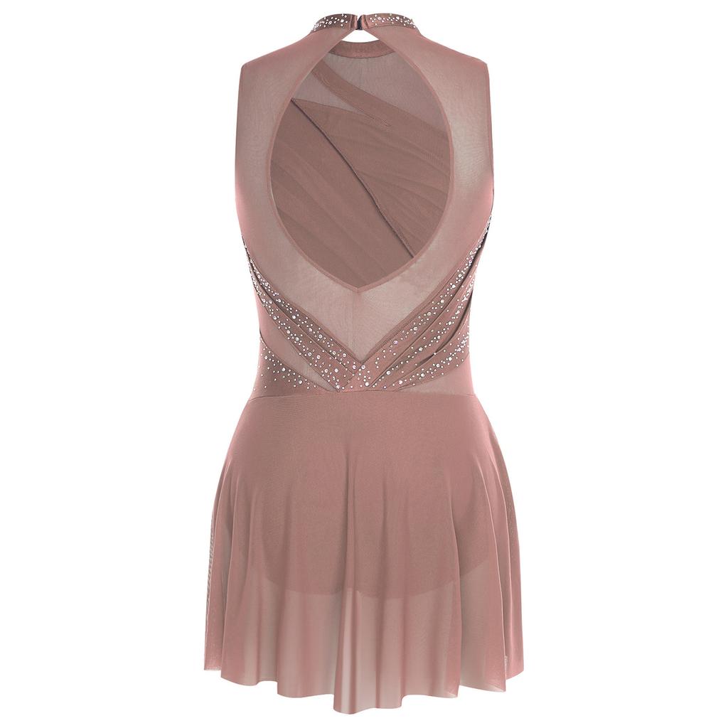 Womens Gymnastics Artistic Figure Skating Ballet Lyrical Dance Leotards Dress Rhinestones Built -In Crotch Buttons Briefs Dress