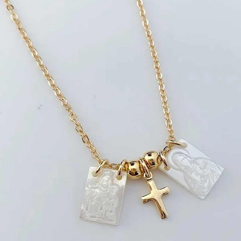 Obega Золотой Цвет Крест Квадрат Ракушка Женское Ожерелье Дева Мария Узор Золотые Бусины Шарм Модное Ожерелье Чокер Модные Украшения