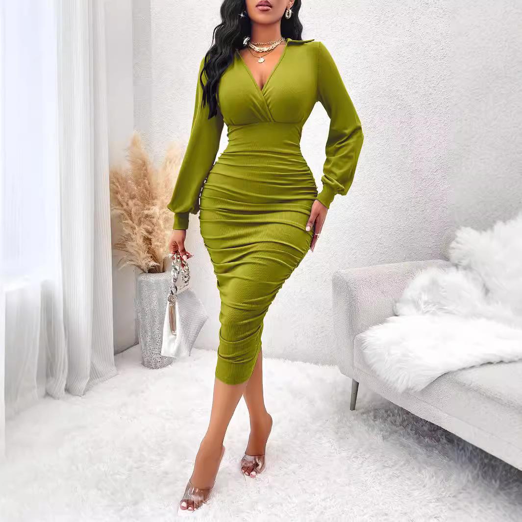 

GMXIA Женская мода весна-осень однотонный принт длинный рукав V-образный вырез высокая талия повседневные платья XXL