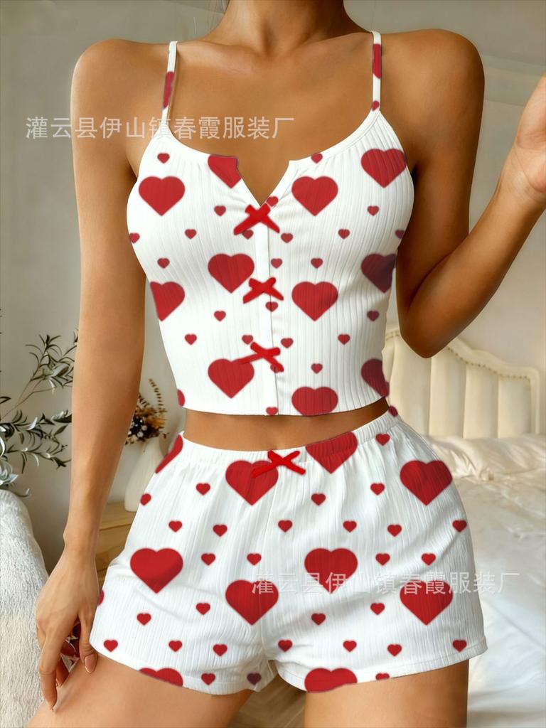 New love print suspender skirt pit striped sweet pure pajamas sexy bow loungewear Europe and America