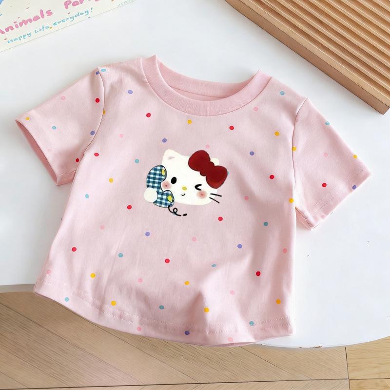 Girls Summer Short Sleeve T Shirt Cute Cartoon Polka Dot Print Breathable Casual Trendy Top