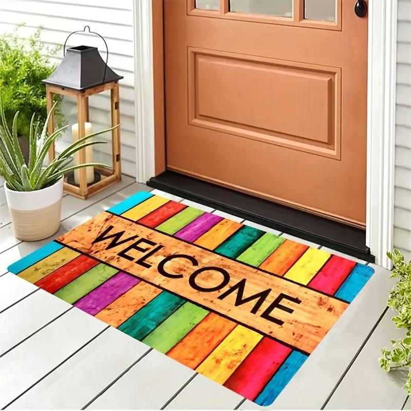 1PC Colorful Wooden Welcome Pattern Door Mats Kitchen Rug Non-Slip Pop Bathroom Rugs Bath Mat Carpet for Home Sink Laundry Decor