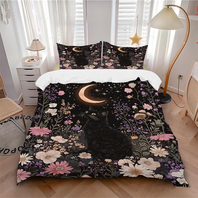 3pcs Creative Black Cat Flowers Starry Sky Pattern Bedding Three-Piece Set (1 Cover + 2 Pillowcases, No Fillings), This Printed Bedding Set