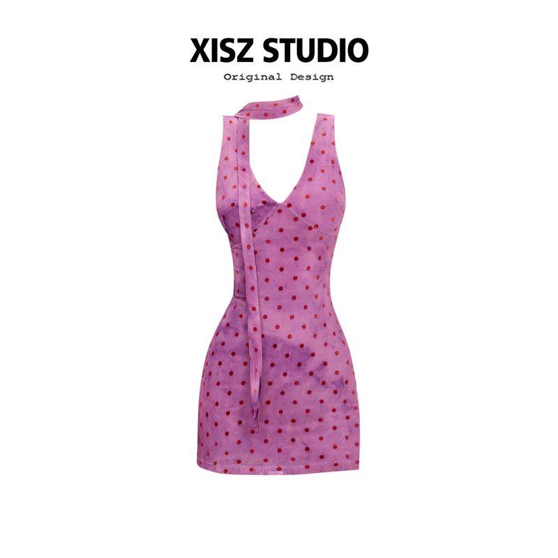 

American vintage Polka Dot V-neck Tie-dye Mesh Dress Women Summer Gyaru Sheath Temperament Slimming Ribbon Short dress Purple (Including Ribbons) S