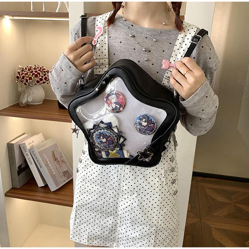 Japanese Cute Star-shaped Ita Bag, Large Capacity Transparent Badge Display Crossbody Bag Kawaii Sweet Girl's Shoulder Bag