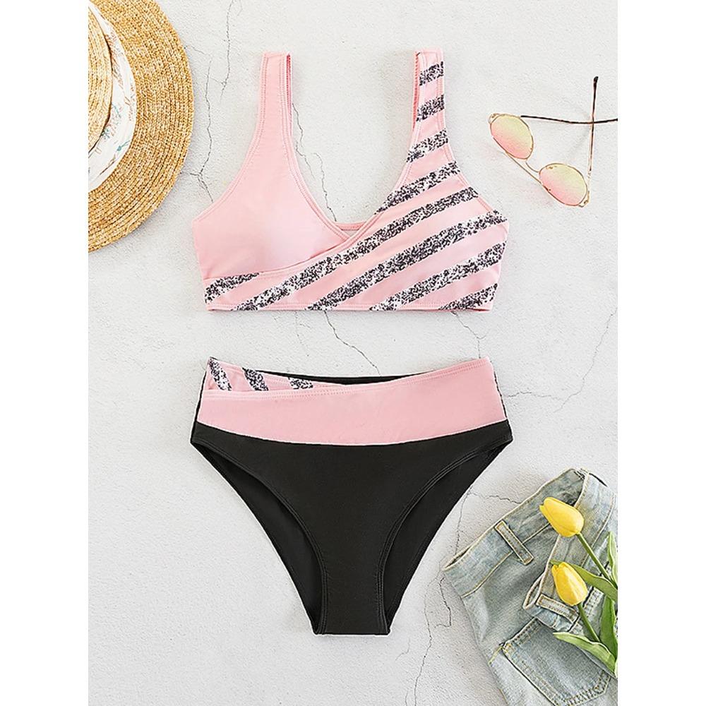 Bikini set s V výstřihem 2026 Dámský pruhovaný patchworkový plavecký úbor Letní plážové oblečení Plavky Ženské plavky Koupací plavky 3XL