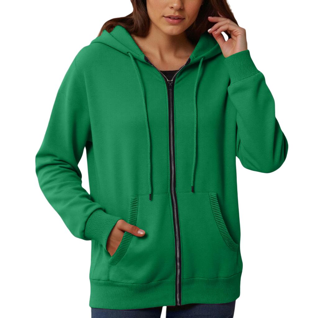 Women's Loose And Comfortable Zipper V-neck Long Sleeved Solid Color Pullover Sweatshirt Jacket