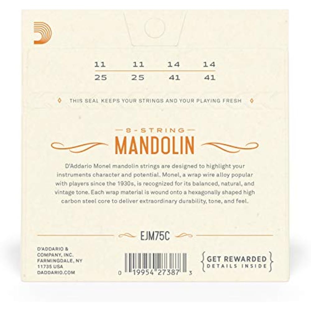 D'Addario Daddario Mandolin Strings Monel Winding Medium Plus .011-.041 EJM75C [Domestic Genuine]