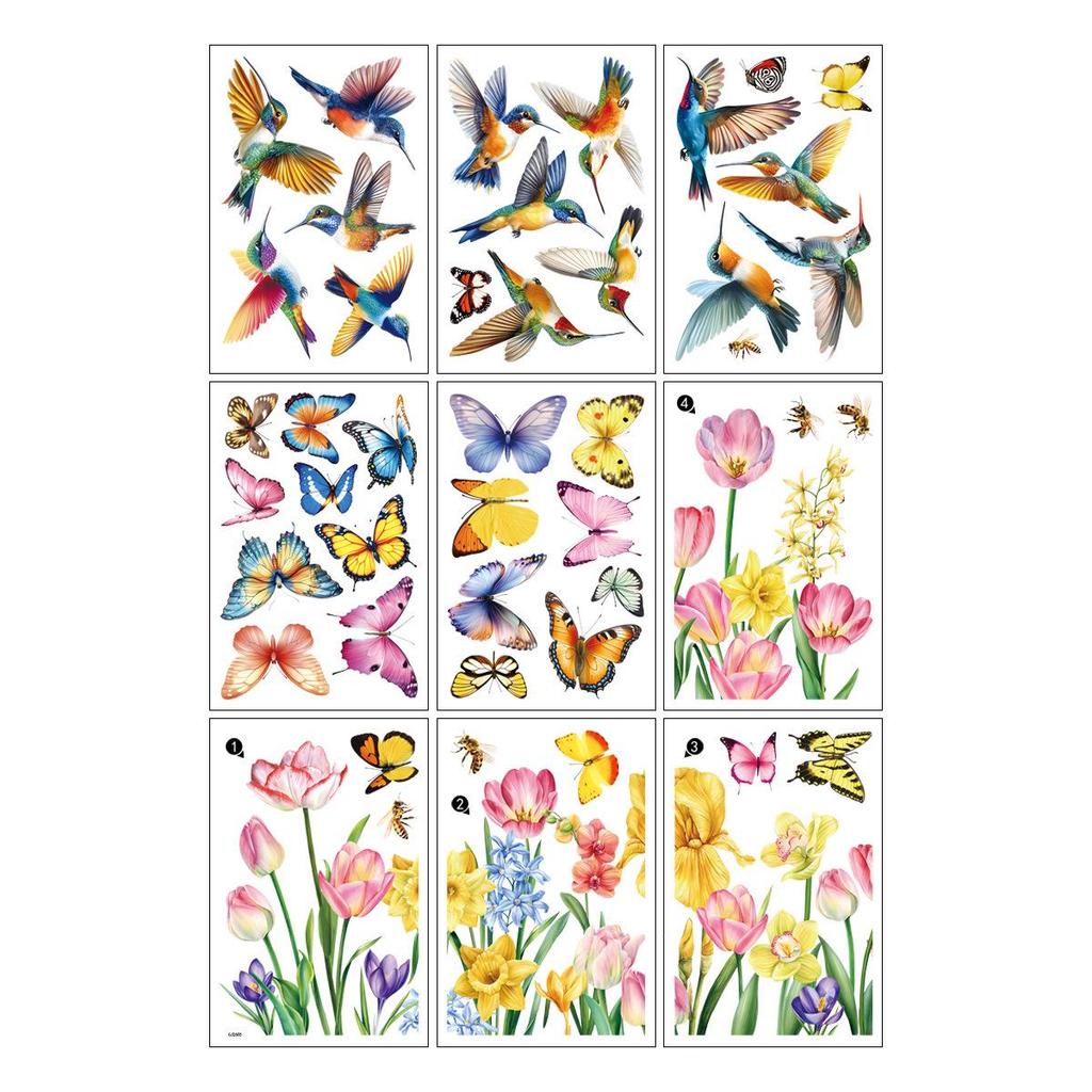 2026 Spring Window Stickers: Butterfly Flowers & Hummingbirds, Double-sided Glass Decoration for Living Room