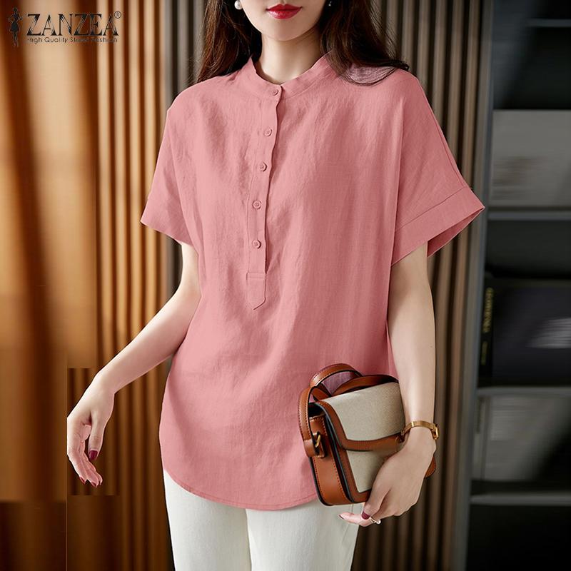 ZANZEA Womens Round Neck Solid Color Short Sleeve Cotton Blouse