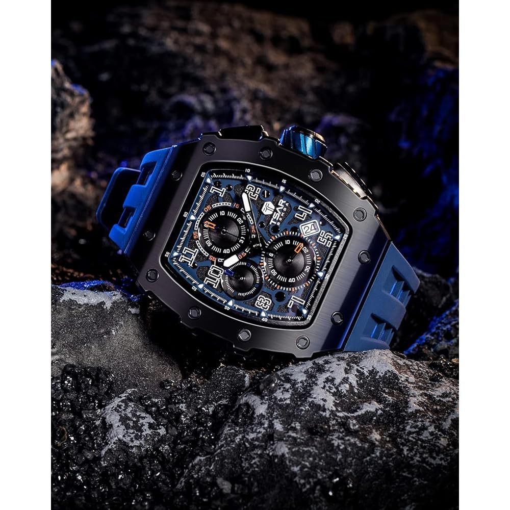 Tsar Bomba Men's Classic Tonneau Face Watch 50M Waterproof Sapphire Crystal Silicone Strap Blue 16.8mm Case Thickness