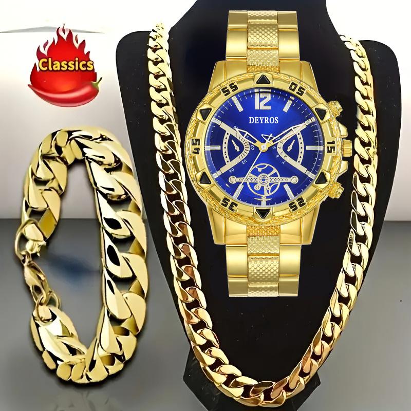 Спортивный набор часов 3 шт. Мужской кварцевый набор часов Мужской браслет Мужское ожерелье Набор браслетов из нержавеющей стали Повседневные часы для мужчин