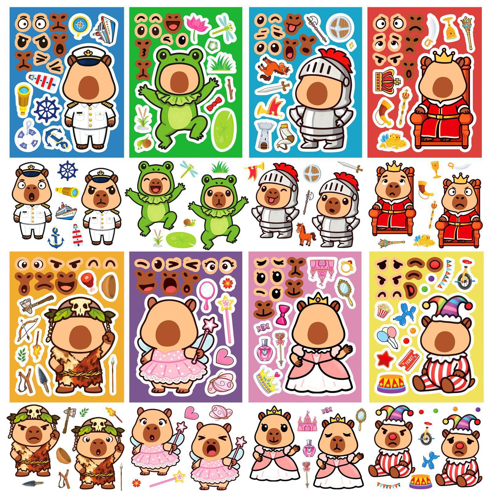 

8/16 Pcs Cute Cartoon Capybara Animal Puzzle Make A Face Stickers Educational DIY Game for Fridge Suitcase Lunch Box Decals