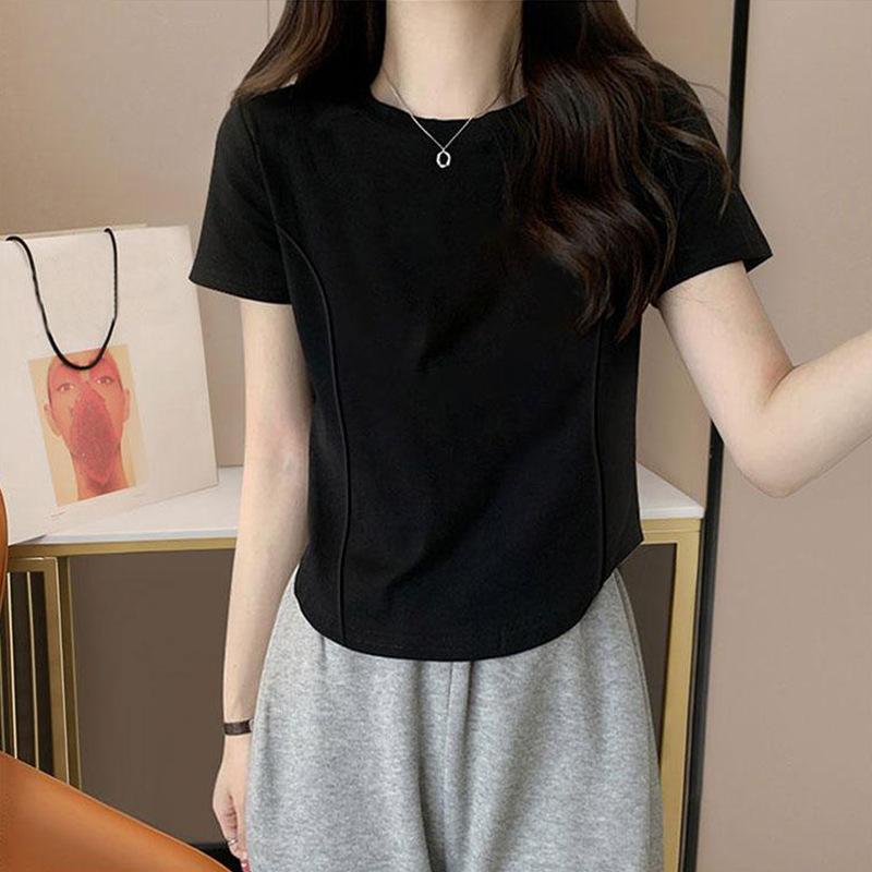 Women's Short Sleeve Tee O Neck Japanese Casual Top Cotton Curved Hem Seam Detail Slim Fit T Shirt