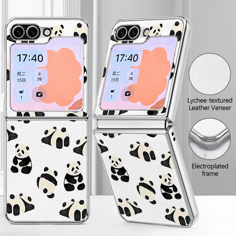 Lovely Baby Panda Print Case For Samsung Galaxy Z FlIP 7 FE 6 5 Z Flip7 Flip6 Flip5 Luxury Plating PC+PU Leather Hybrid Folding Phone Cover