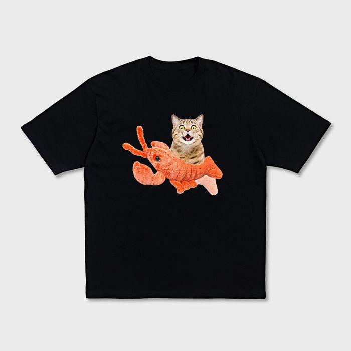 Fun Lobster Cat Cartoon Short-sleeved T-shirt, Summer Round-neck Heavy Top for Cats, Couple