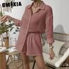 GMXIA Women's Spring and Summer Fashion Solid Colour Long-sleeved Shirt Suit Women Casual Loose Shorts Two-piece Set