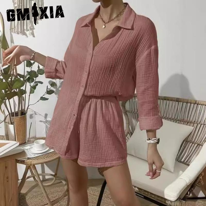 GMXIA Women's Spring and Summer Fashion Solid Colour Long-sleeved Shirt Suit Women Casual Loose Shorts Two-piece Set