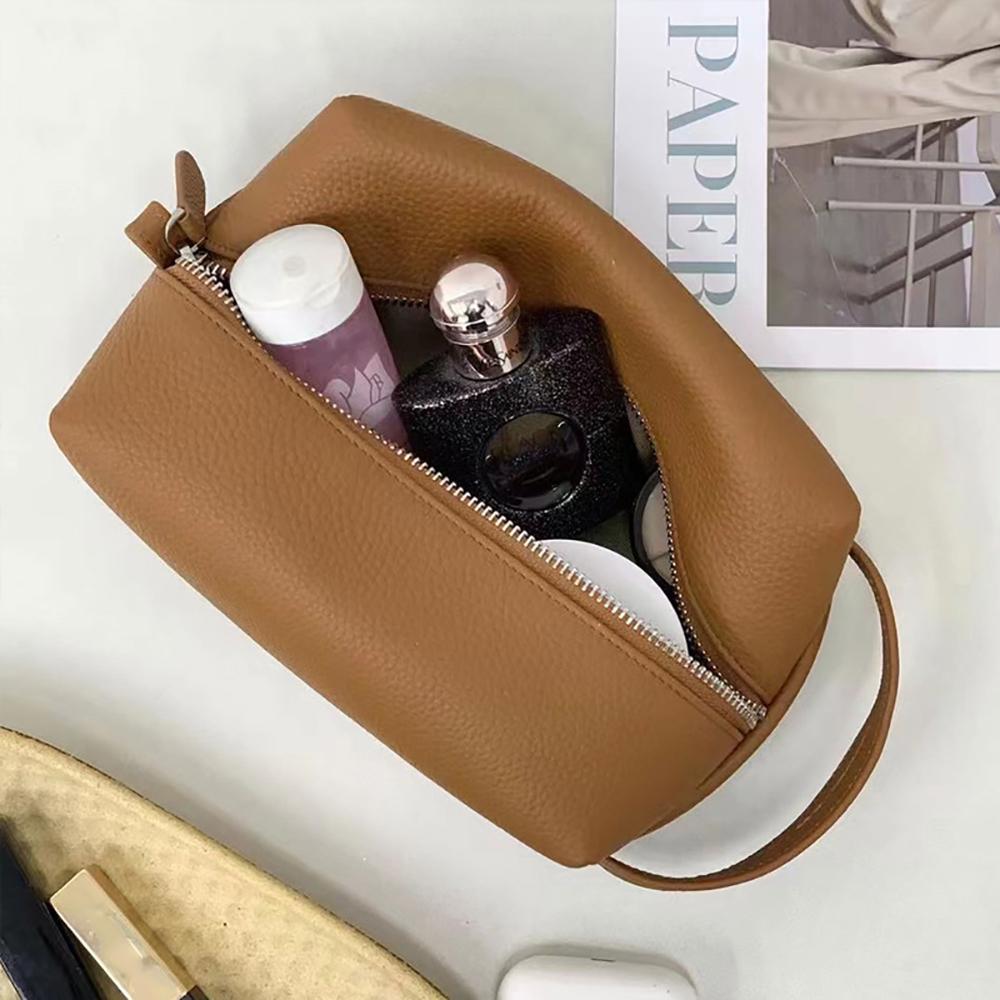 High Quality Soft Solid Color Leather Makeup Storage Pouch Portable Sport Outdoor Cosmetic Bag for Travel Handle Wash Bag