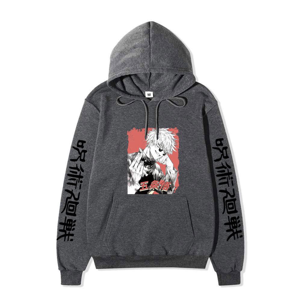 Jujutsu Kaisen Satoru Gojo Hoodie Unisex Fleece Sweatshirt Red Background Manga Portrait Kanji Sleeve Autumn Winter Pullover