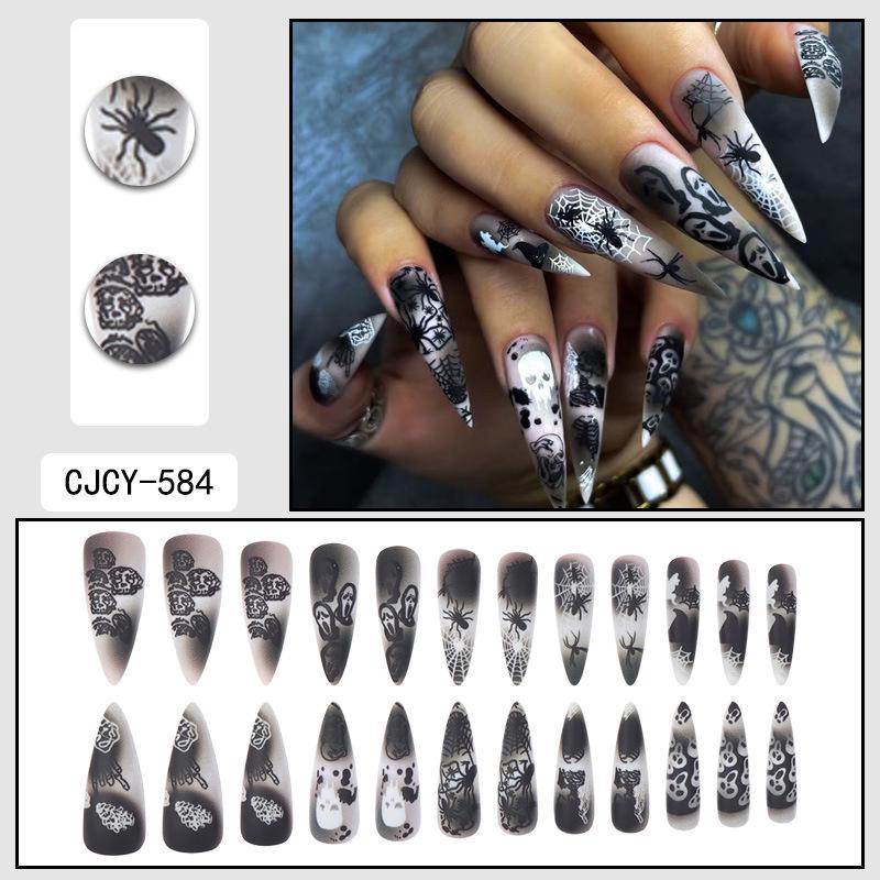 Halloween Ghost Face Matte Nails: 24-Piece Black & White Spider Web and Skull Stickers