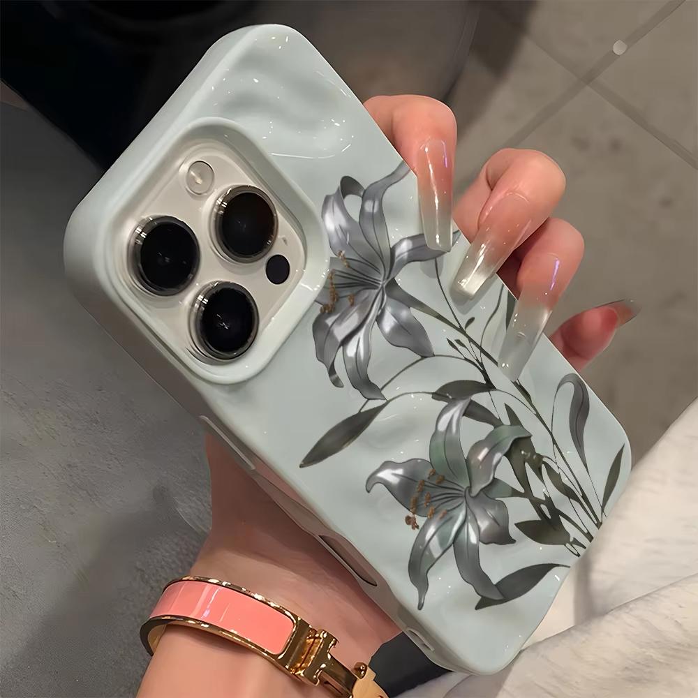 Vintage Dark Lily Flower Pattern Wave Texture Phone Case For iPhone 11 12 13 14 15 16 17 Pro Max 14 15 Plus Air Soft Back Cover