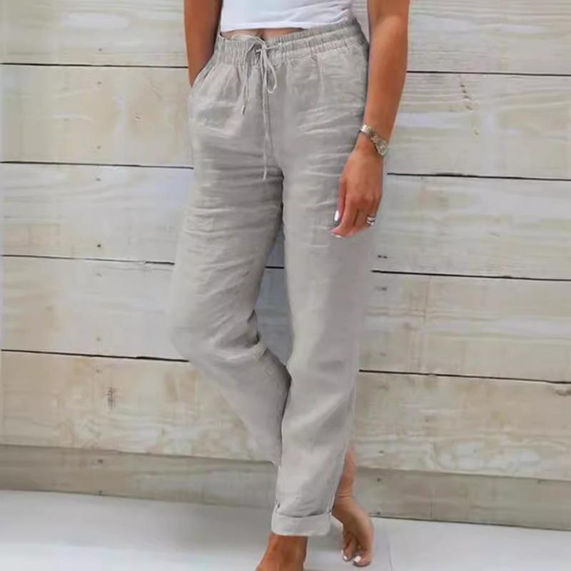 Mid Waist Elastic Waist Solid Color Cotton and Linen Casual Pants  Women’s Trousers