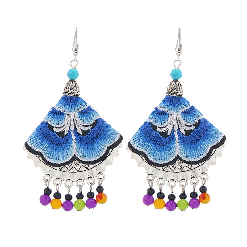 A few embroidered fabric earrings, long tassel personalized fan earrings, women's retro Miao flower earrings
