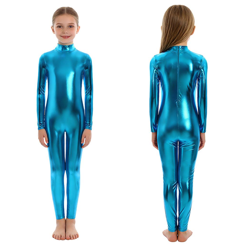 Barn Unisex Performance Jumpsuit Metallic Glansig, Långärmad Halsringad Helkroppsdräkt För Halloween & Dansrollspel