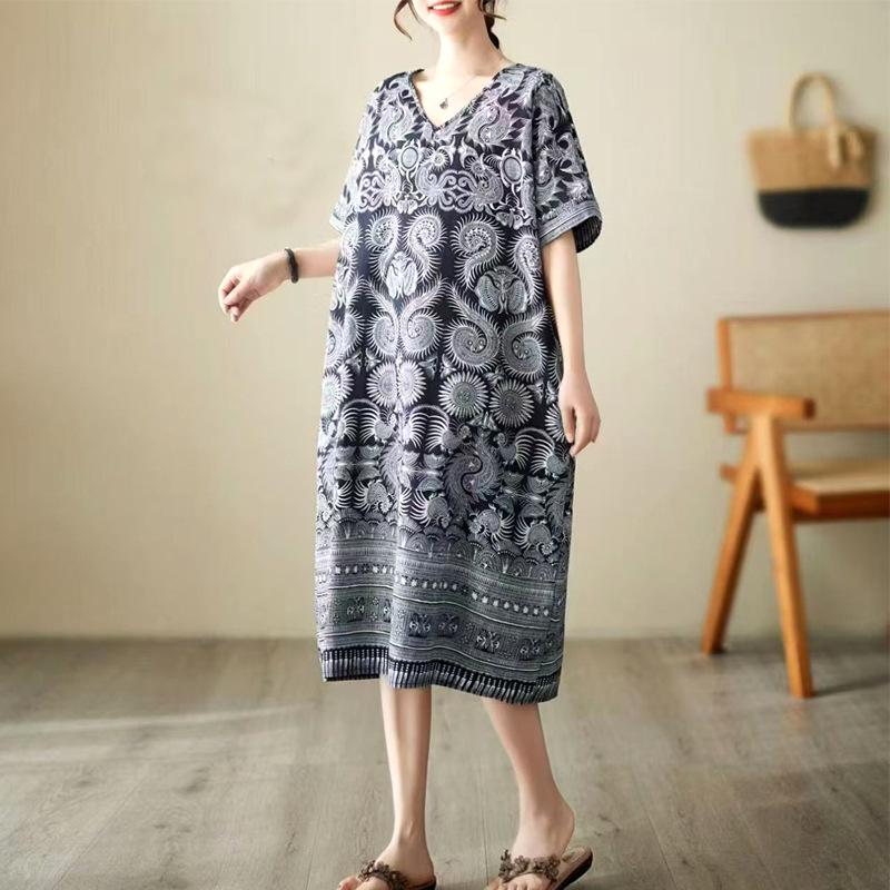 2026 new retro ethnic style summer new literary large size fat MM fattened large printed short-sleeved dress