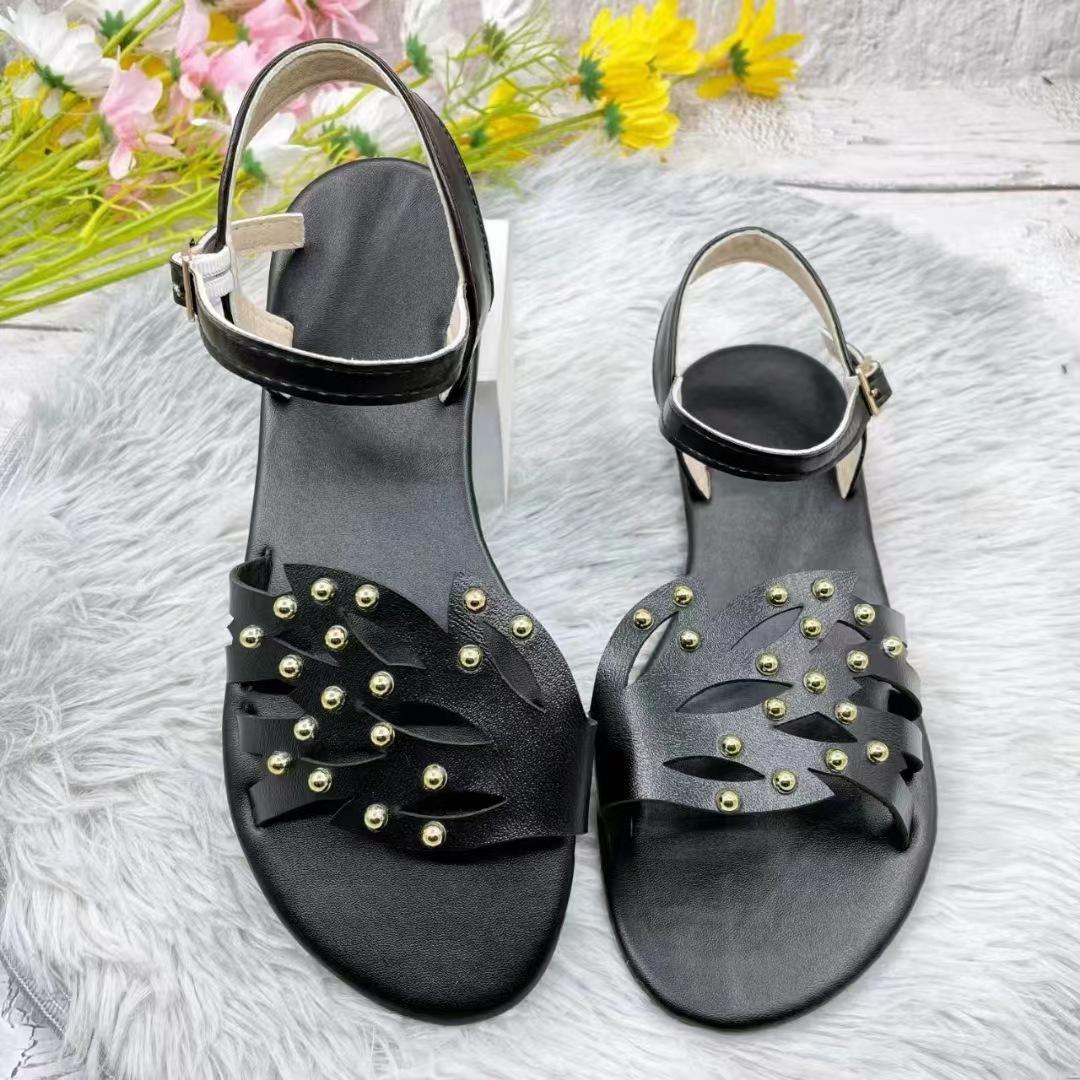 

Мода 2024 Весна Лето Большой Размер Полые Дышащие Плоские Сандалии Мягкие Удобные Пляжные Сандалии Однотонные заклепки Женская Обувь сандалии 43 чёрный