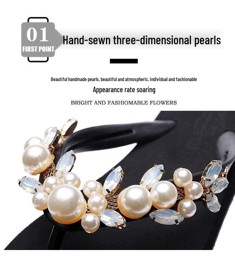 Women's Summer Pearl & Rhinestone Flat Heel Toe Cover Slippers
