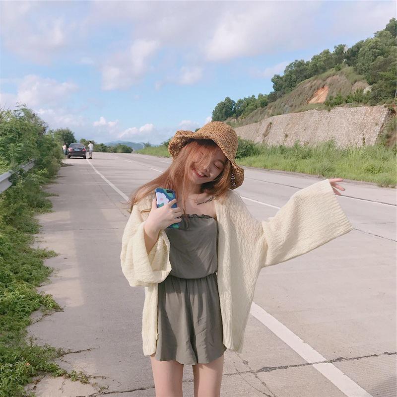 Korean Summer V-Neck Beach Cardigan - Loose Fit Sun Protection for Women