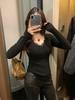 Women's Velvet Lace Base Layer Shirt - White V-neck Long Sleeve Top with Built-in Bra Pads for Autumn/Winter