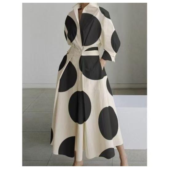Women's Fashion Summer Spring Polka Dot Print Long Sleeve POLO Neck High Waist Casual Dresses