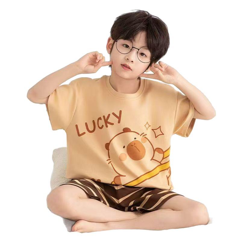 Summer Cartoon Print Boys' Pajama Set - Short Sleeve, Round Neck, Lightweight - For Kids