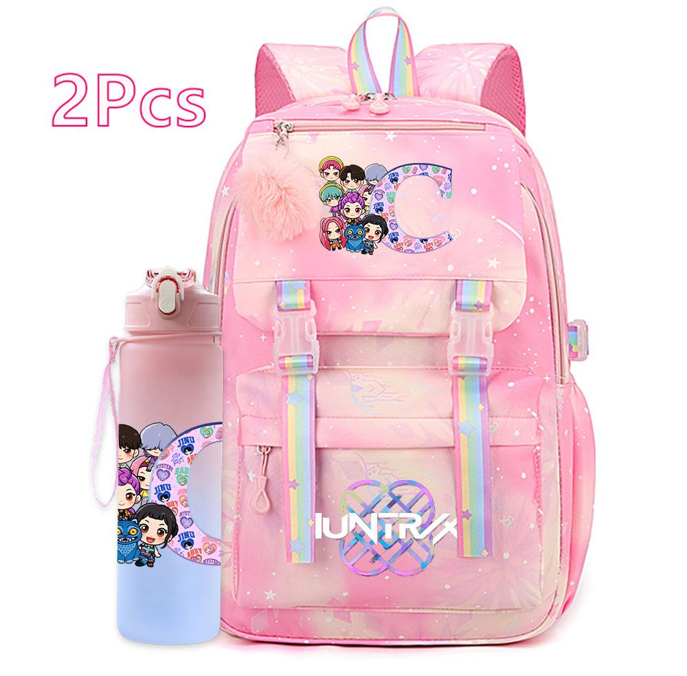 

2Pcs/set NEW K-pop Printed Backpack with 750Ml Water Bottler Large Capacity Travel Bag for Teenager Girl Boy waterproof Bookbag Kid Gift Rucksak