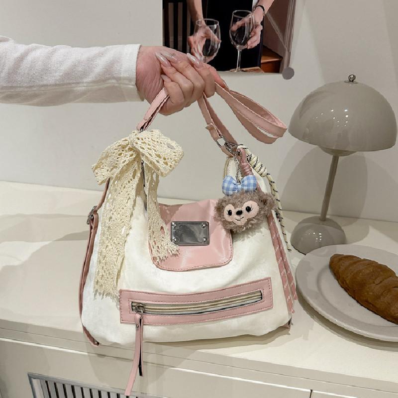 Fashion Color Blocking Design Women Casual Tote Bag With Plush Pendant For Daily Use