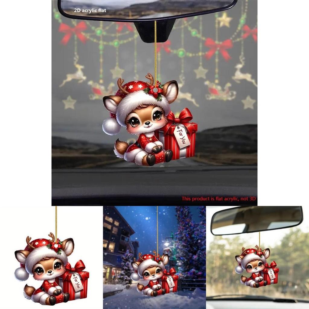 Cute Cartoon Acrylic Christmas Reindeer Hanging Ornament For Vehicle Mirror Decor
