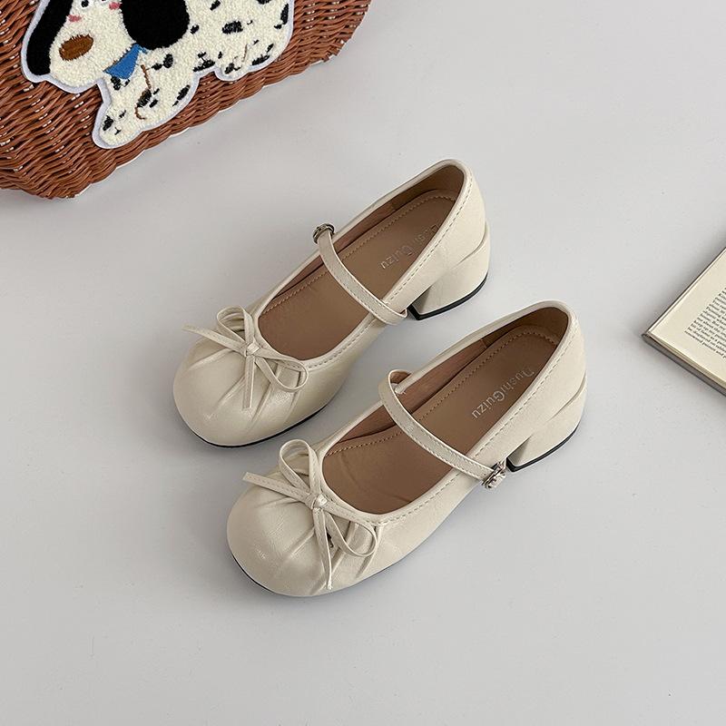 Coarse Heel High Heel Mary Jane Shoes French Pleated Round Head 2025 New Summer Bow Gentle Single Shoes Women's Skirt