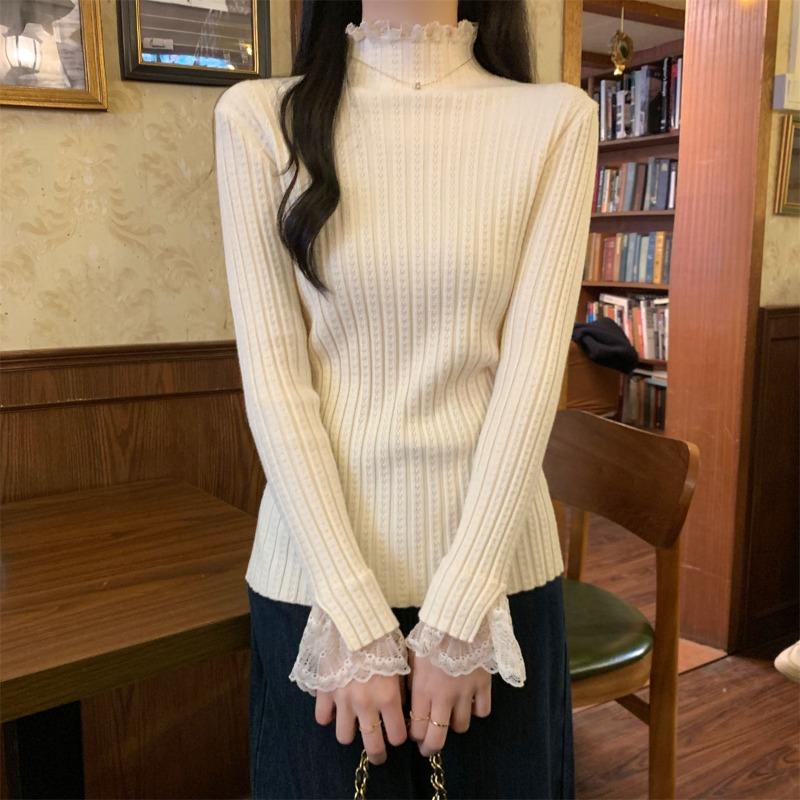 Lace lace semi-turtleneck knitted bottoming shirt women's spring texture inner top age-reducing sweater