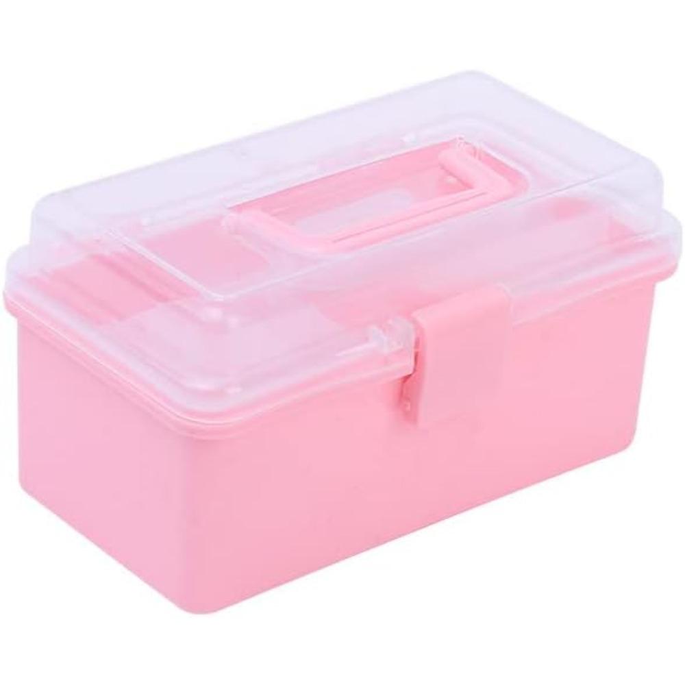 

1 шт. Розовая коробка для рукоделия, коробка для творчества, 3-слойный пластиковый портативный ящик для хранения с ручкой, органайзер для ногтей и шитья, розовый ящик для инструментов розовый