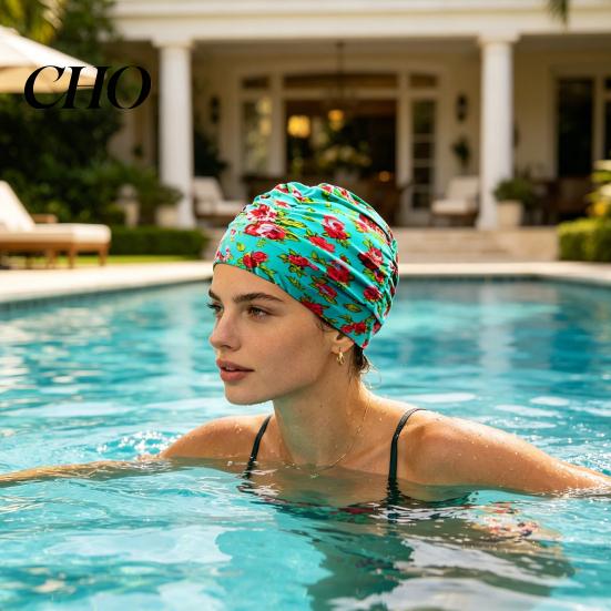 Soft Swim Cap Cloth Swimming Pool for Women, Breathable Colorful Ruffle Women Cap, Elastic Ear Protection Short Long Hair Bathing Hat Fashion Print