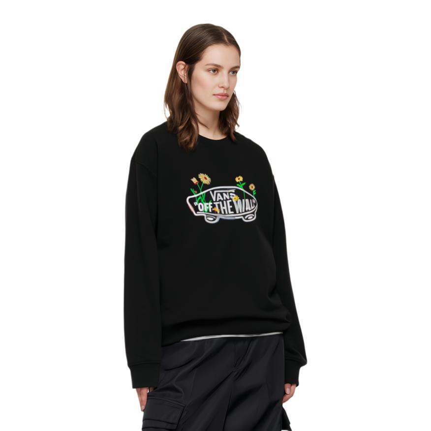 VANS Logo Daisy Embroidery Crew Neck Pullover Long Sleeve Sweatshirt VN0A7Q1JBLK